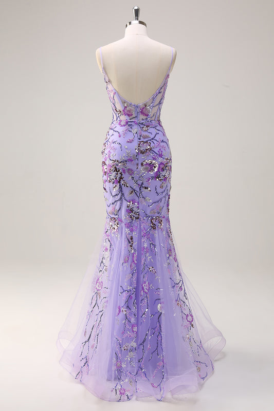 Sparkly Purple Mermaid Beaded Spaghetti Straps Long Prom Dress