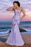 Sparkly Purple Mermaid Beaded Corset Long Prom Dress