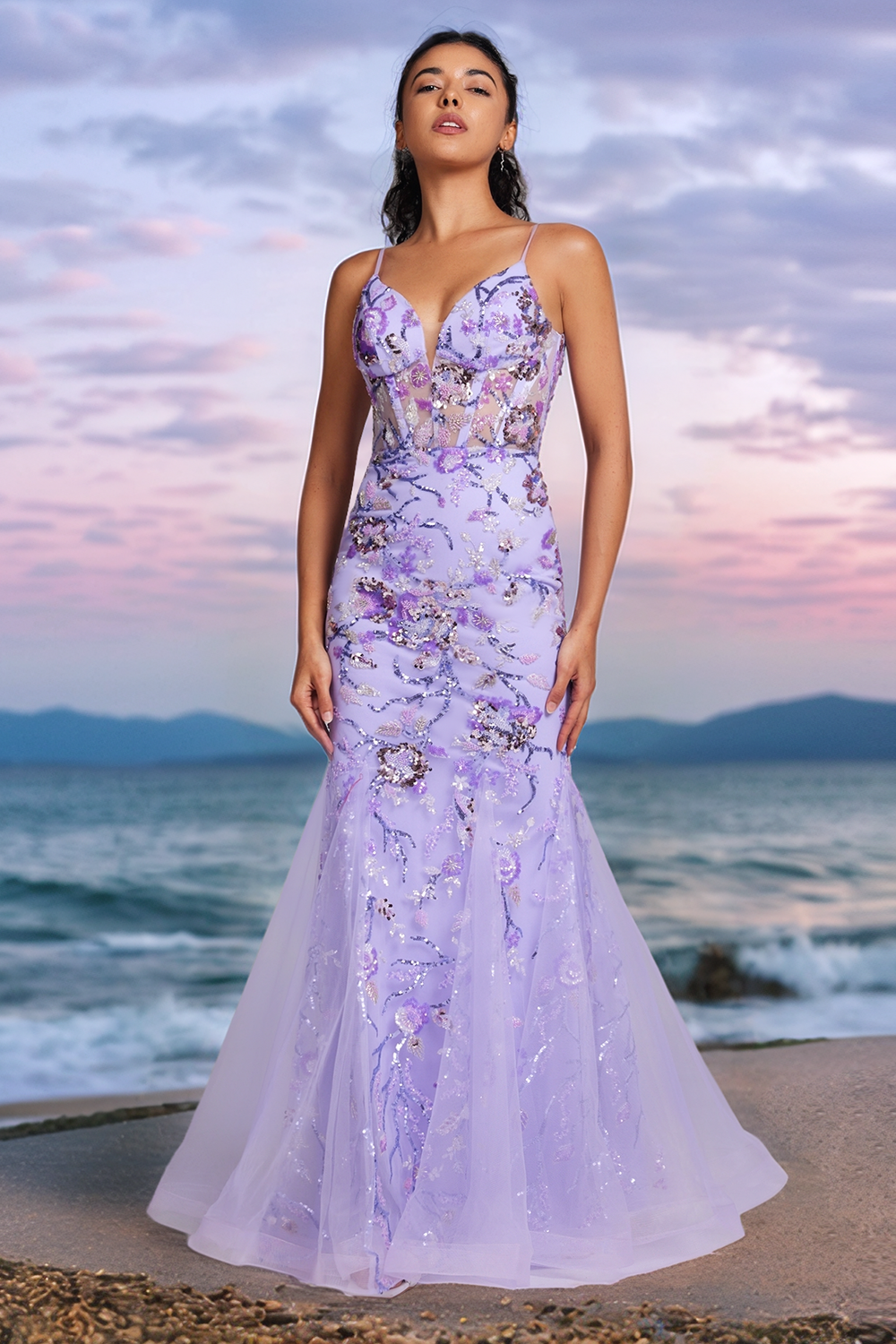 Sparkly Purple Mermaid Beaded Corset Long Prom Dress