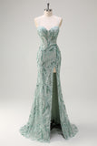 Sparkly Sage Mermaid Sequined Beaded Spaghetti Straps Long Prom Dress