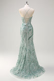 Sparkly Sage Mermaid Sequined Beaded Spaghetti Straps Long Prom Dress