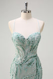 Sparkly Sage Mermaid Sequined Beaded Spaghetti Straps Long Prom Dress