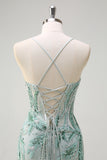 Sparkly Sage Mermaid Sequined Beaded Spaghetti Straps Long Prom Dress