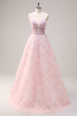 Pink Floral Sequined Sweetheart A-Line Long Prom Dress