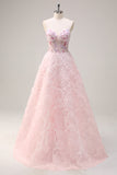 Pink Floral Sequined Sweetheart A-Line Long Prom Dress