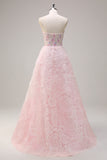 Pink Floral Sequined Sweetheart A-Line Long Prom Dress