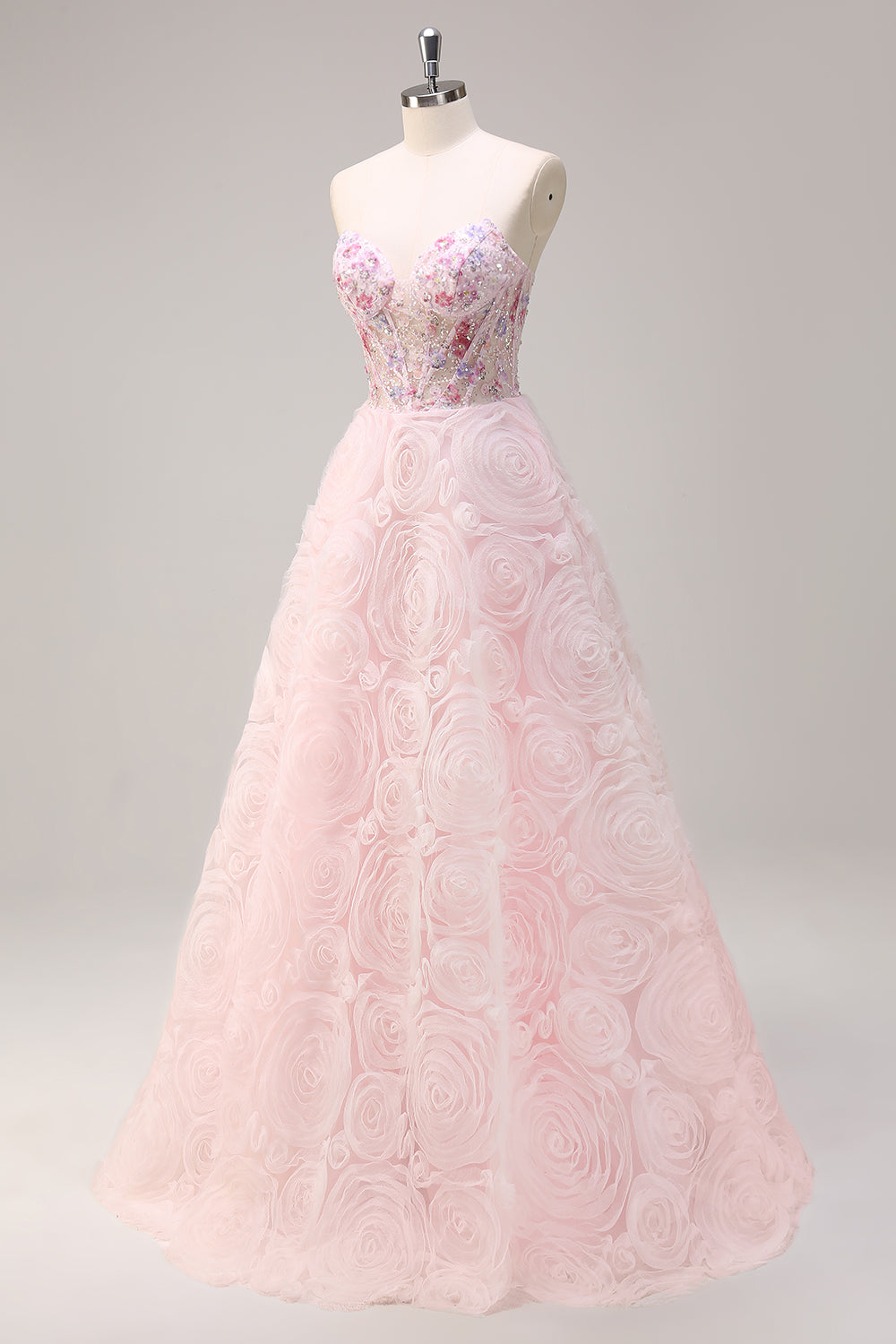 Pink Floral Sequined Sweetheart A-Line Long Prom Dress