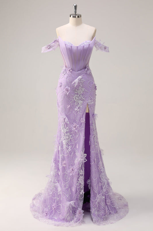 Lilac Off the Shoulder Mermaid Long Corset Prom Dress with 3D Flowers