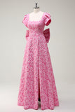 Fuchsia Floral A-Line Square Neck Long Prom Dress with Bow