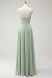 Dusty Sage A Line Chiffon Spaghetti Straps Long Bridesmaid Dress