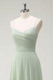 Dusty Sage A Line Chiffon Spaghetti Straps Long Bridesmaid Dress