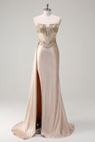 Champagne Strapless Mermaid Satin Side Cape Prom Dress with Sequins