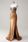 Brown Sweetheart Beaded Mermaid Satin Prom Dress with Slit