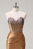 Brown Sweetheart Beaded Mermaid Satin Prom Dress with Slit