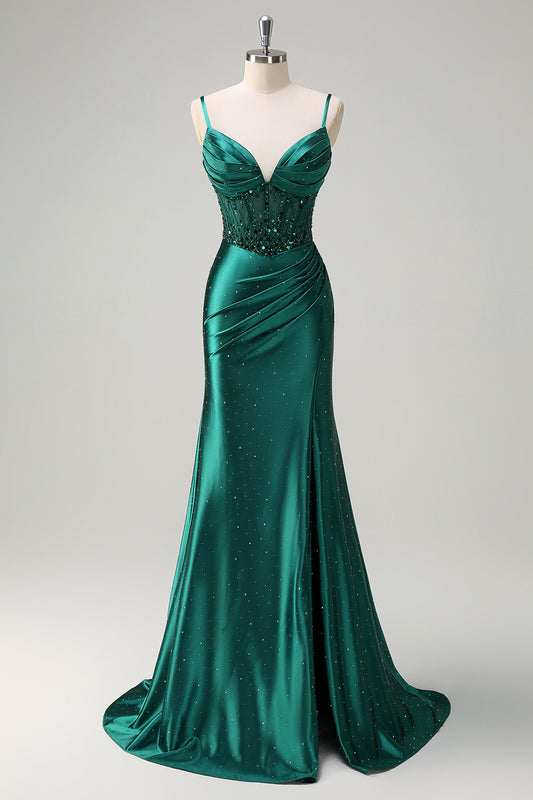 Dark Green Sequined Mermaid Spaghetti Straps Long Prom Dress with Slit