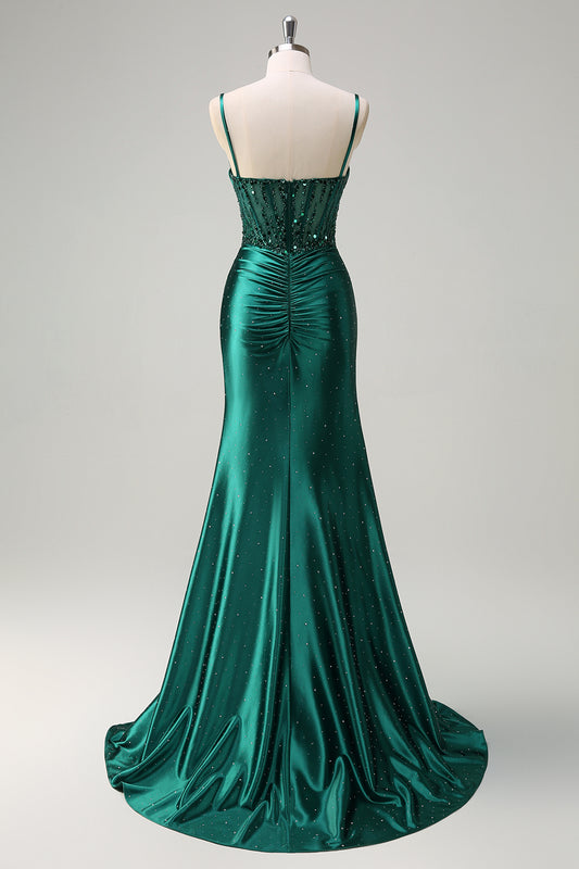 Dark Green Sequined Mermaid Spaghetti Straps Long Prom Dress with Slit