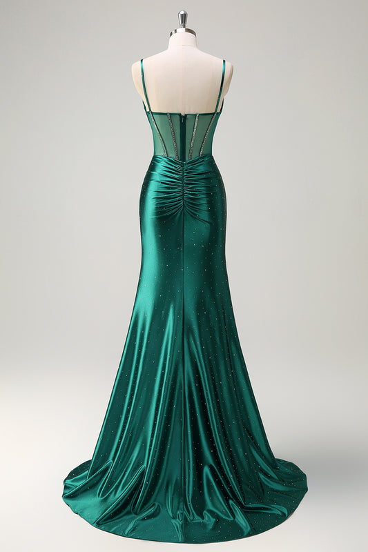 Sparkly Dark Green Mermaid Spaghetti Straps Long Prom Dress with Slit