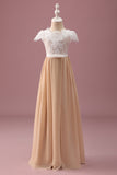 Champagne A Line Lace Junior Bridesmaid Dress With Short Sleeves