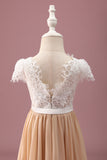 Champagne A Line Lace Junior Bridesmaid Dress With Short Sleeves