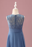 Dusty Blue A Line Lace Chiffon Ruffles Junior Bridesmaid Dress With Belt