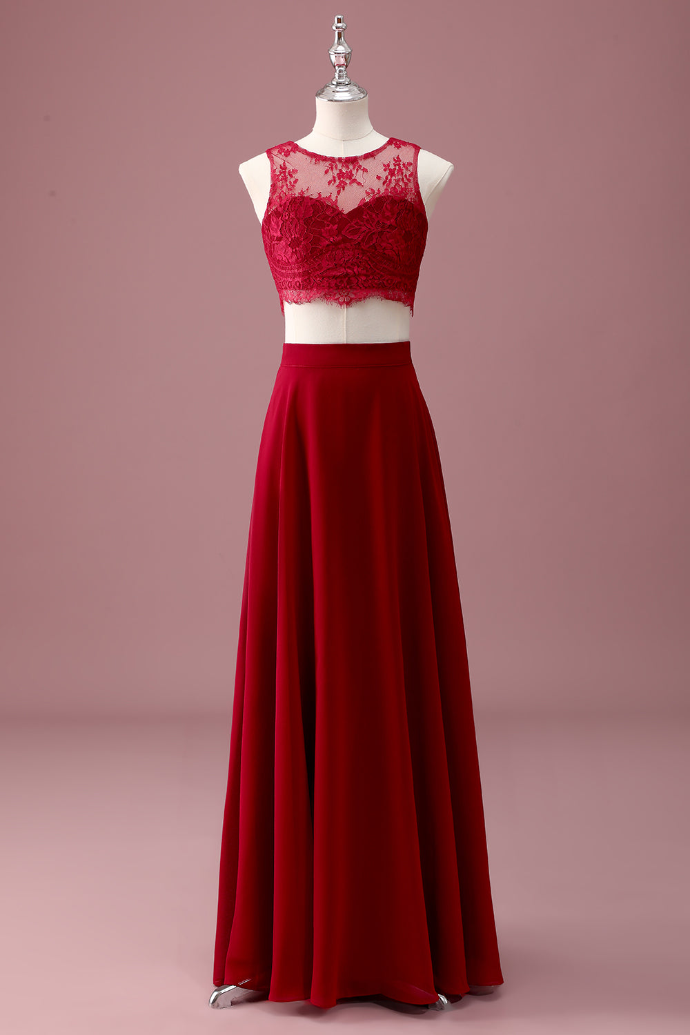 Burgundy Lace Round Neck A Line Long Junior Bridesmaid Dress with Crop Top