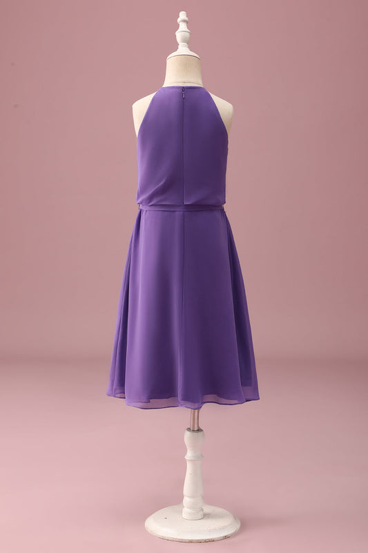 Purple Halter Keyhole A Line Short Junior Bridesmaid Dress with Belt