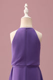 Purple Halter Keyhole A Line Short Junior Bridesmaid Dress with Belt