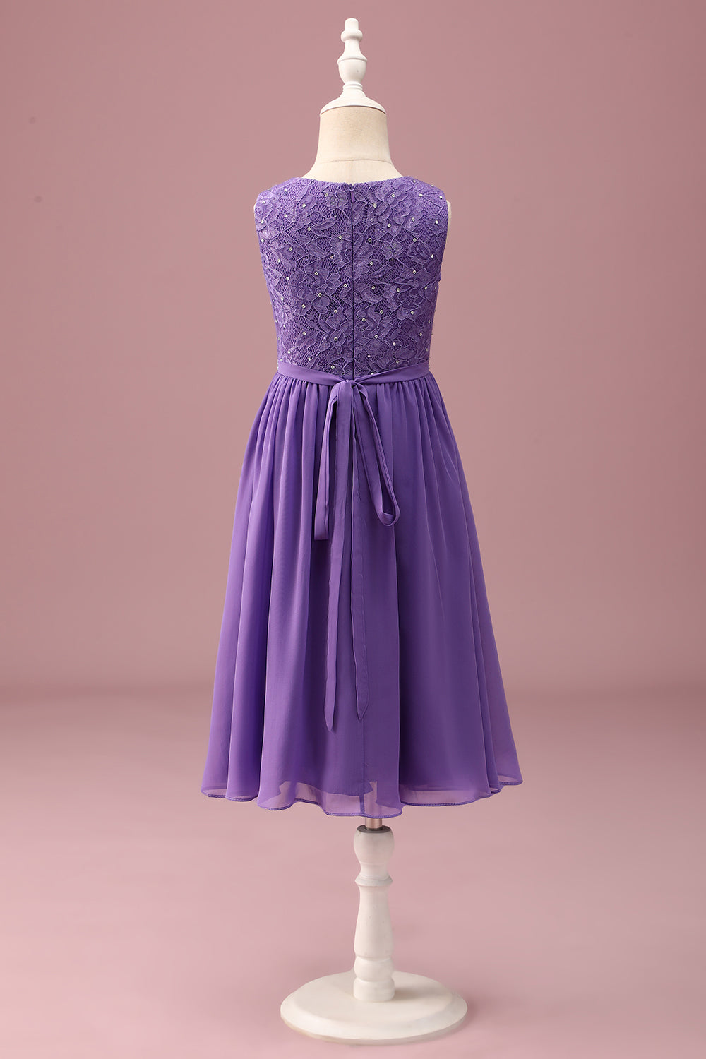 Purple Lace A Line Round Neck Short Junior Bridesmaid Dress with Rhinestone Belt