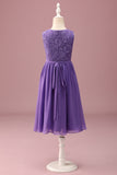 Purple Lace A Line Round Neck Short Junior Bridesmaid Dress with Rhinestone Belt