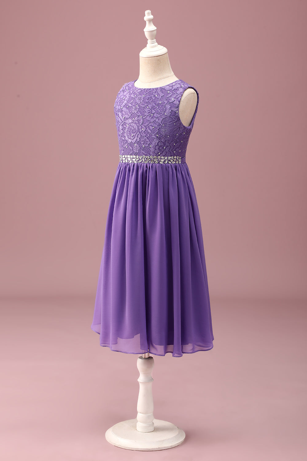 Purple Lace A Line Round Neck Short Junior Bridesmaid Dress with Rhinestone Belt