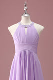 Lilac Beaded Keyhole Halter A Line Long Pleated Junior Bridesmaid Dress