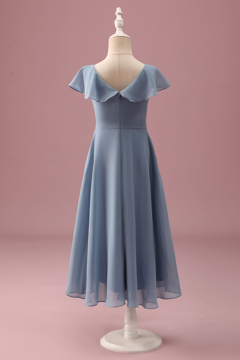 Dusty Blue Chiffon V Neck Wrap Short Junior Bridesmaid Dress with Flutter Sleeves