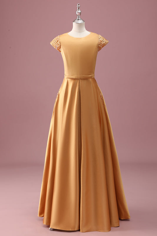 Golden Round Neck Chiffon A Line Short Sleeves Junior Bridesmaid Dress