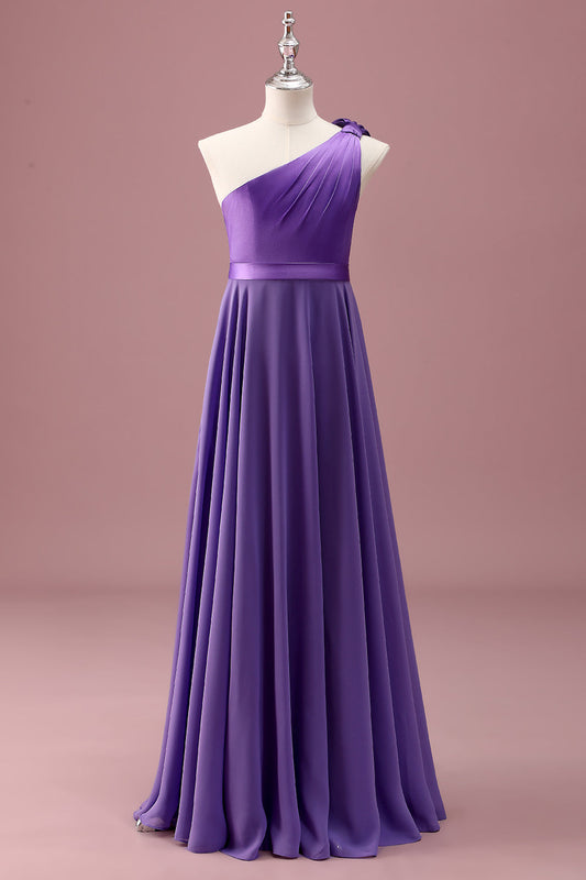 Purple One Shoulder A Line Pleated Chiffon Junior Bridesmaid Dress