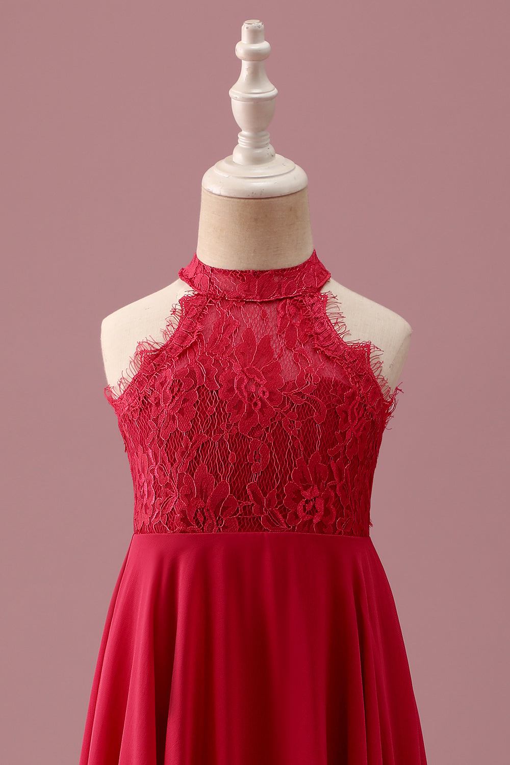 Lace Halter Red A Line Chiffon Ruched Junior Bridesmaid Dress