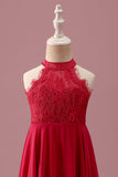 Lace Halter Red A Line Chiffon Ruched Junior Bridesmaid Dress