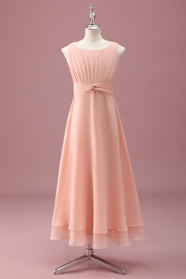 Peach Square Neck Pleated Chiffon A Line Junior Bridesmaid Dress