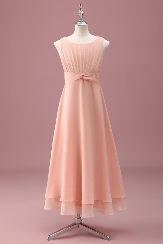 Peach Square Neck Pleated Chiffon A Line Junior Bridesmaid Dress