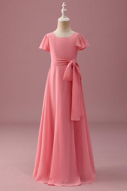 Coral Chiffon Short Sleeves A Line Junior Bridesmaid Dress with Bowknot