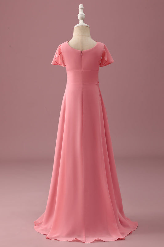 Coral Chiffon Short Sleeves A Line Junior Bridesmaid Dress with Bowknot