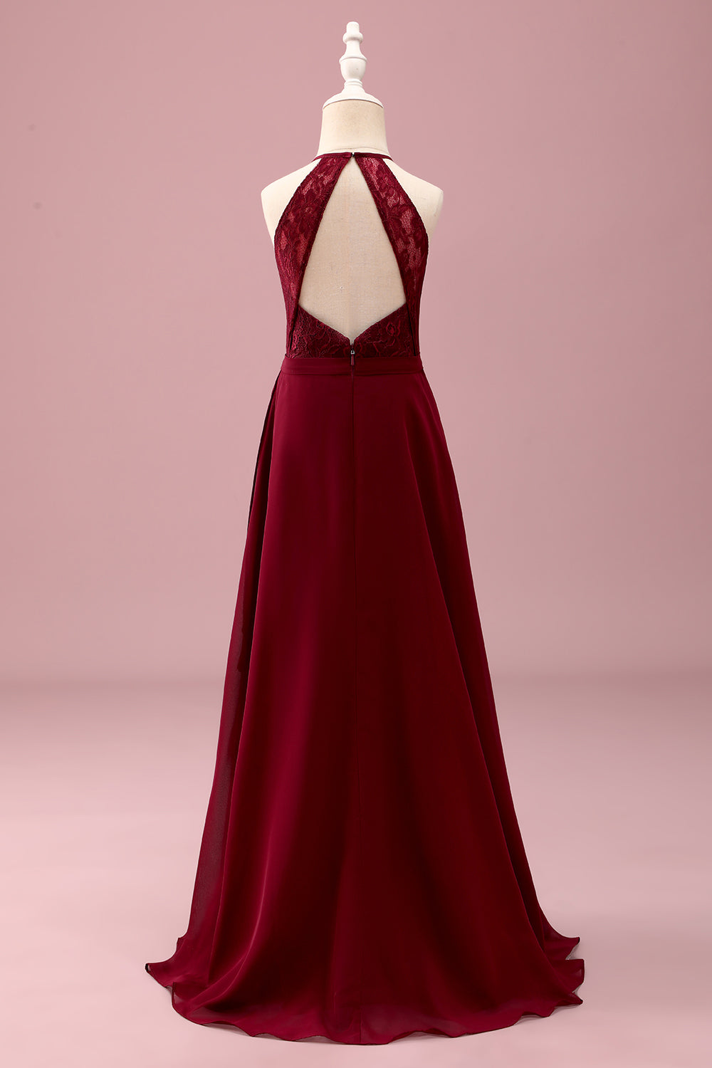 Burgundy Halter Lace A Line Chiffon Long Junior Bridesmaid Dress