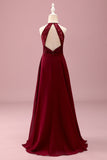 Burgundy Halter Lace A Line Chiffon Long Junior Bridesmaid Dress