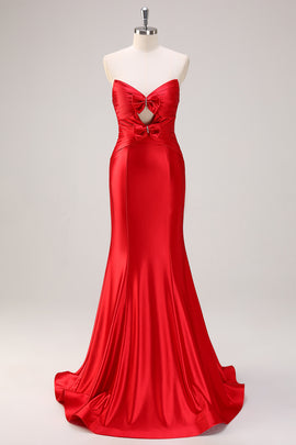 Red Mermaid Hollow Out Strapless Long Prom Dress with Bows