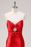 Red Mermaid Hollow Out Strapless Long Prom Dress with Bows