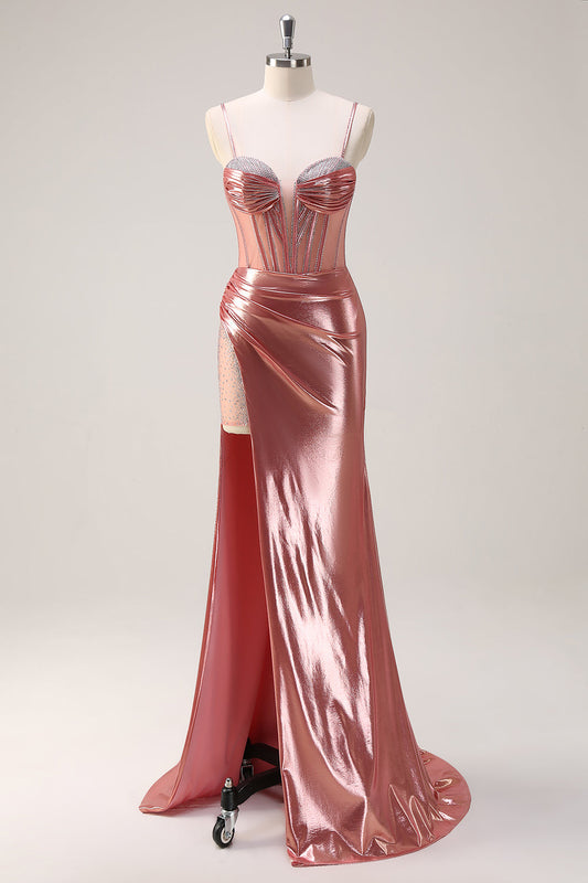 Blush Spaghetti Straps Mermaid Metallic Long Corset Prom Dress with Slit