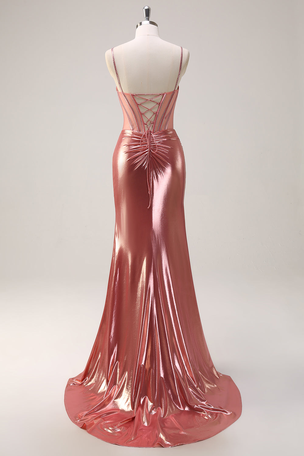 Blush Spaghetti Straps Mermaid Metallic Long Corset Prom Dress with Slit