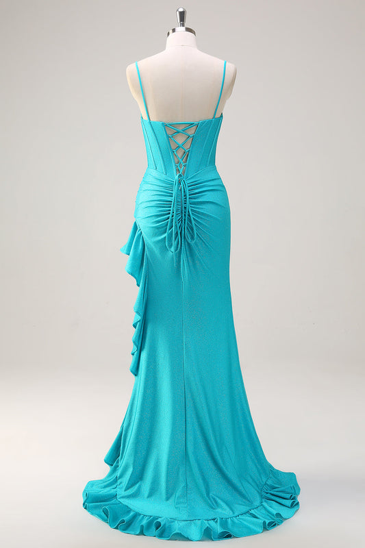 Blue Spaghetti Straps Mermaid Beaded Long Corset Prom Dress with Ruffle Slit