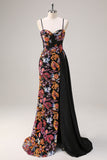 Sparkly Black Floral Mermaid Watteau Train Sequins Long Corset Prom Dress with Slit