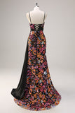 Sparkly Black Floral Mermaid Watteau Train Sequins Long Corset Prom Dress with Slit