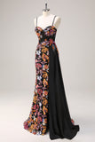 Sparkly Black Floral Mermaid Watteau Train Sequins Long Corset Prom Dress with Slit